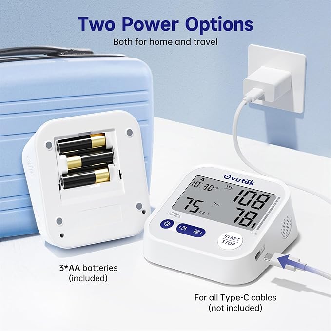 Blood pressure monitor with power options for home and travel, including batteries and a wall adapter.
