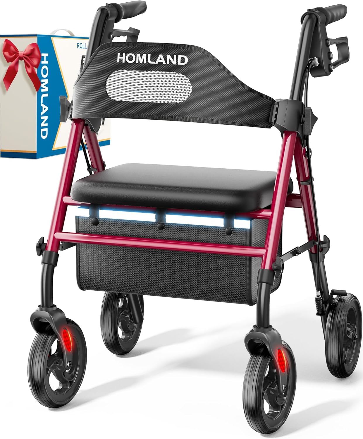 Red and black rollator with 'Homland' branding Foldable Rollator Walkers with Seat