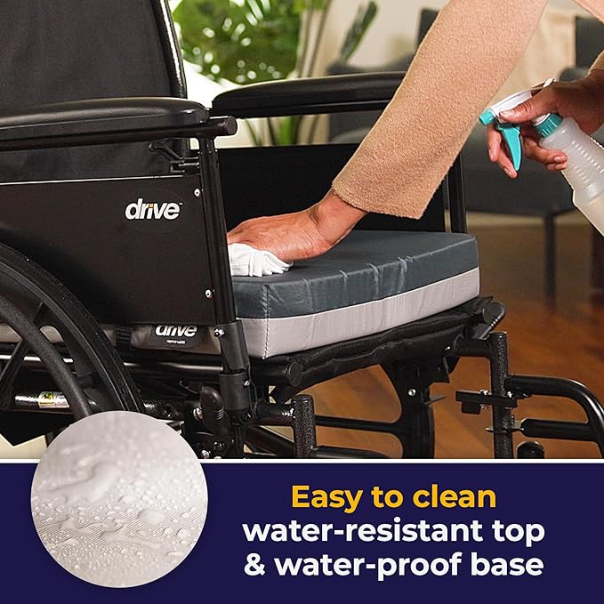 Wheelchair with water-resistant top and waterproof base, person cleaning the seat.