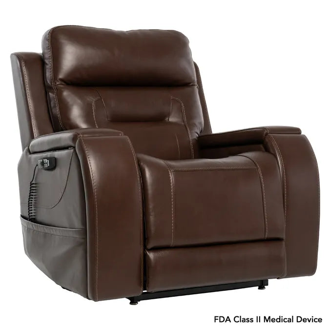 Brown leather recliner chair on a white background with FDA Class II Medical Device label.