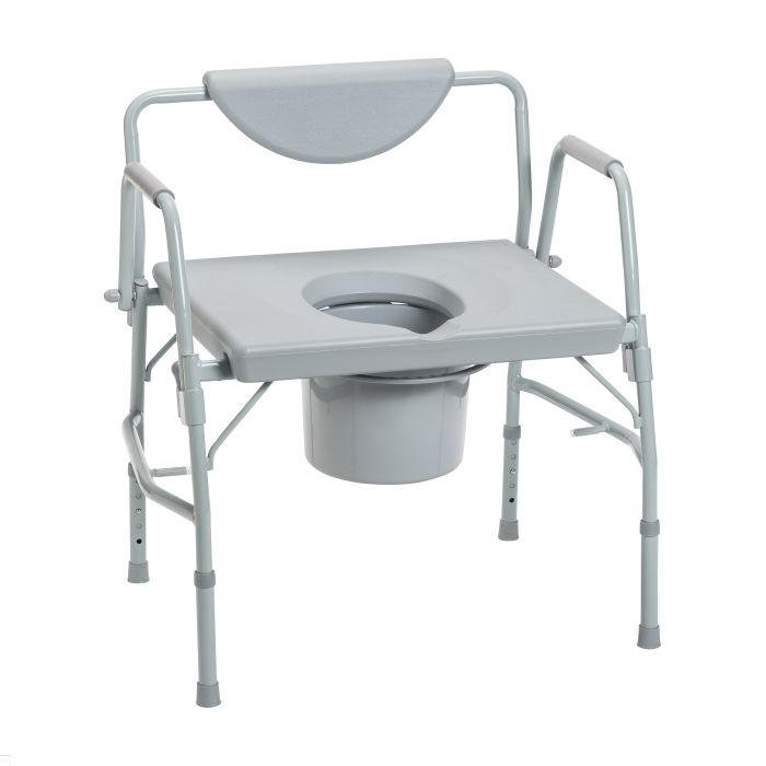 Gray commode chair with adjustable backrest on a white background