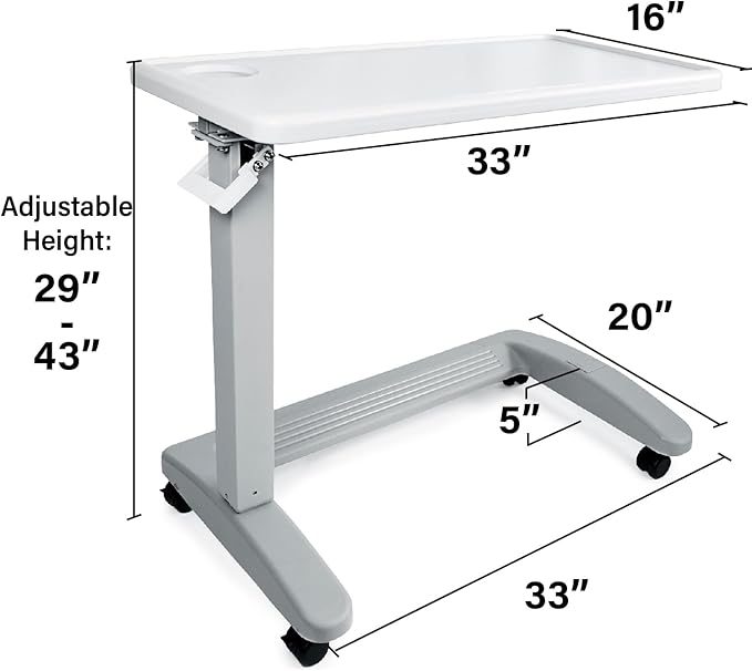 Vaunn Adjustable Overbed Table with Wheels – Medical Bedside Table light gray