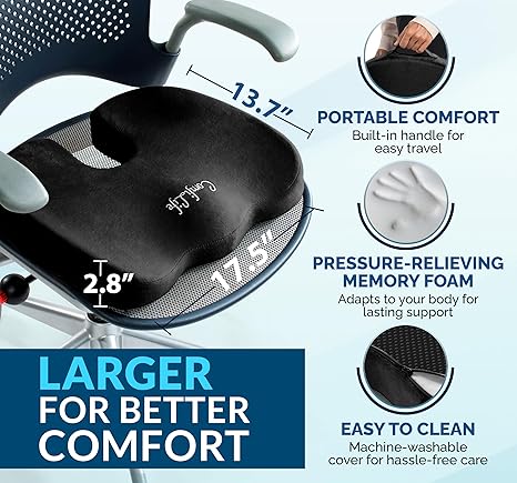 Memory foam seat cushion with measurements and features on a chair.