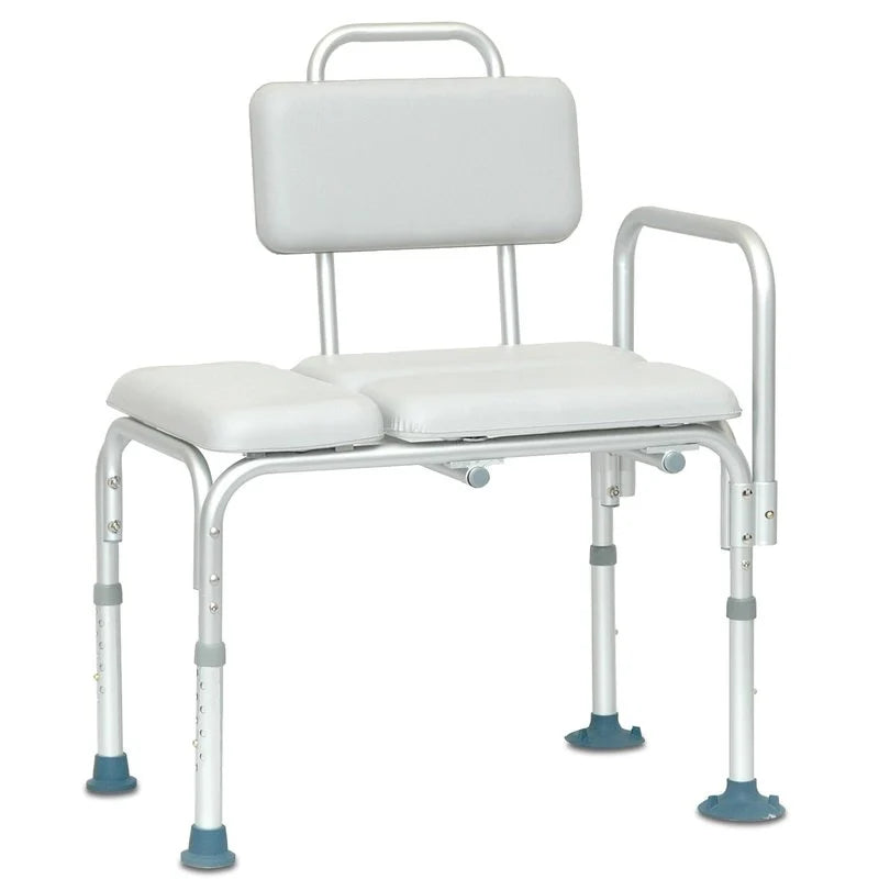 Medical bath chair with white seat and backrestPMI Padded Transfer Bench W/Non-Skid Feet
